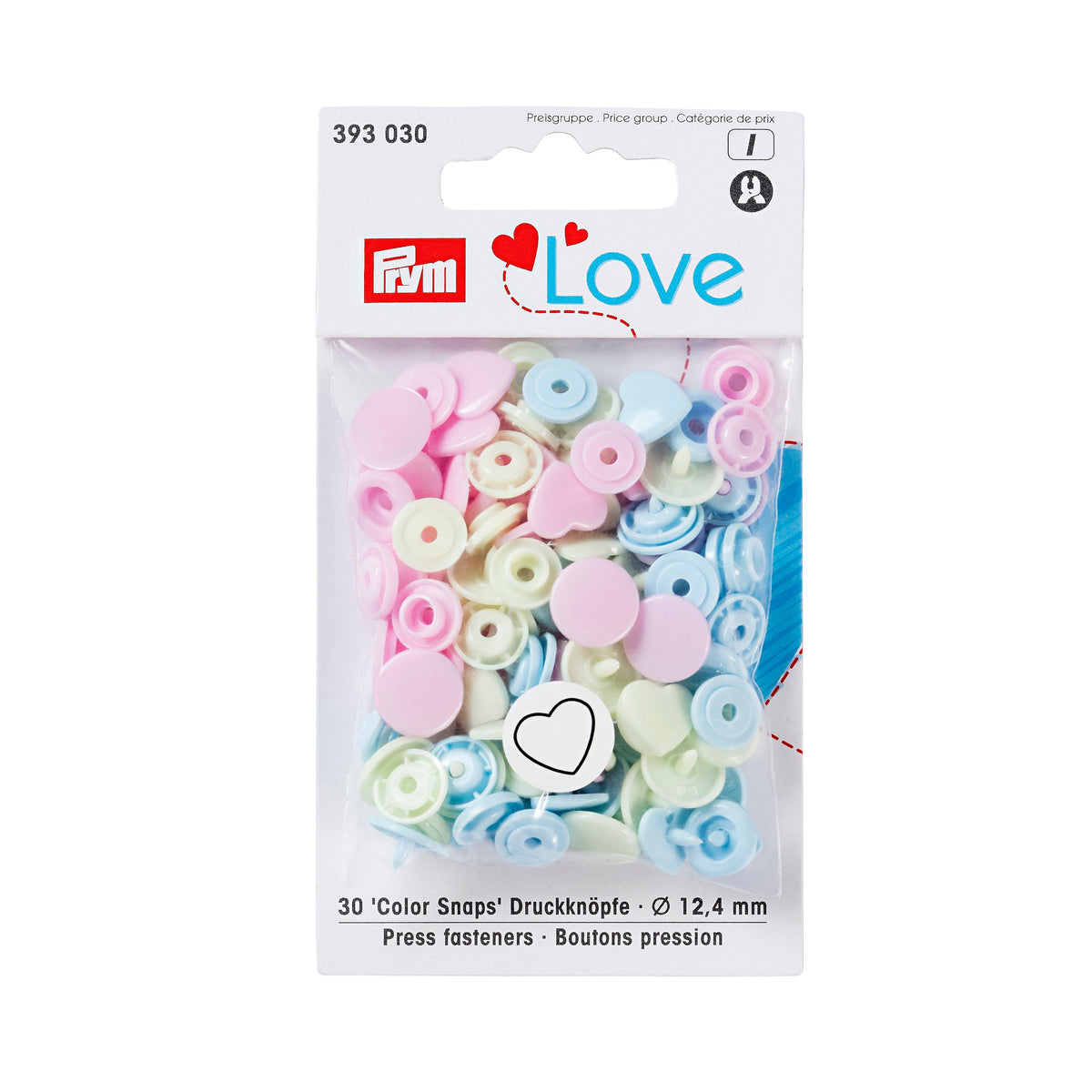 Prym Love Colourful Press Fasteners: Heart 12.4mm in Pink/Green/Blue - 393030