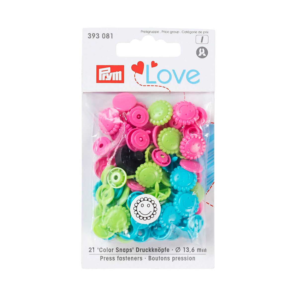 Prym Love Colourful Press Fasteners: Flower 13.6mm Turq/Green/Pink - 393081