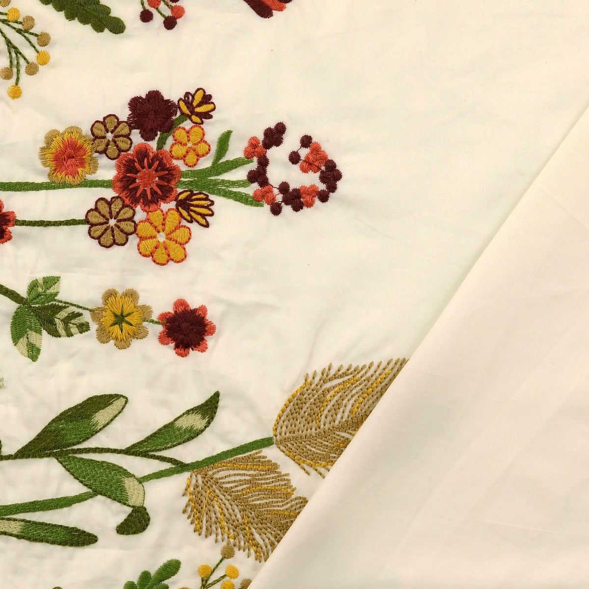 Border Meadow Flower Embroidery Cotton Dressmaking Fabric - Cream