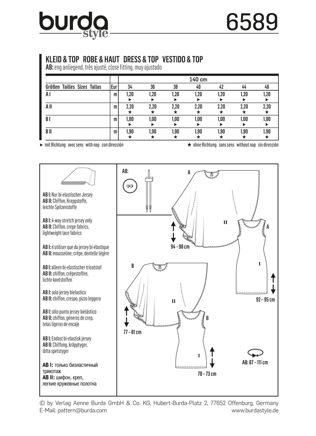 Burda Style Miss Dress and Top Sewing Pattern B6589