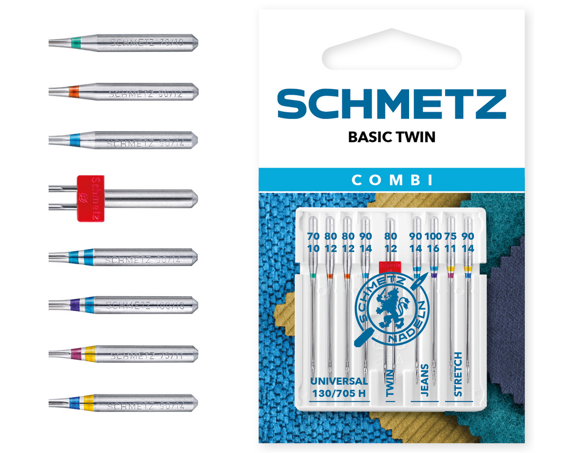 Schmetz Combi Basic Twin 70/75/80/90/100 Sewing Machine Needles - Pack of 9