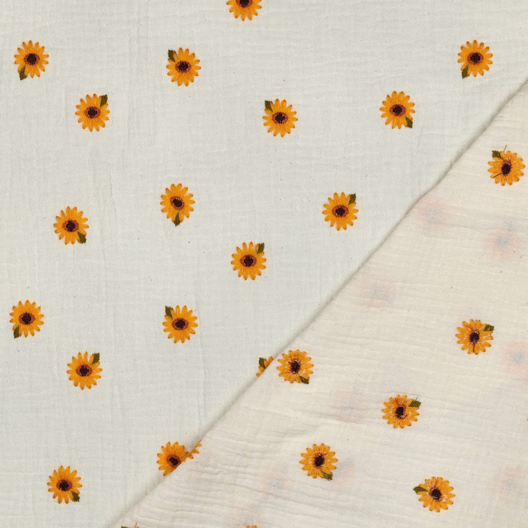 Adelle Embroidery 100% Cotton Double Gauze Muslin Fabric - Natural Sunflowers