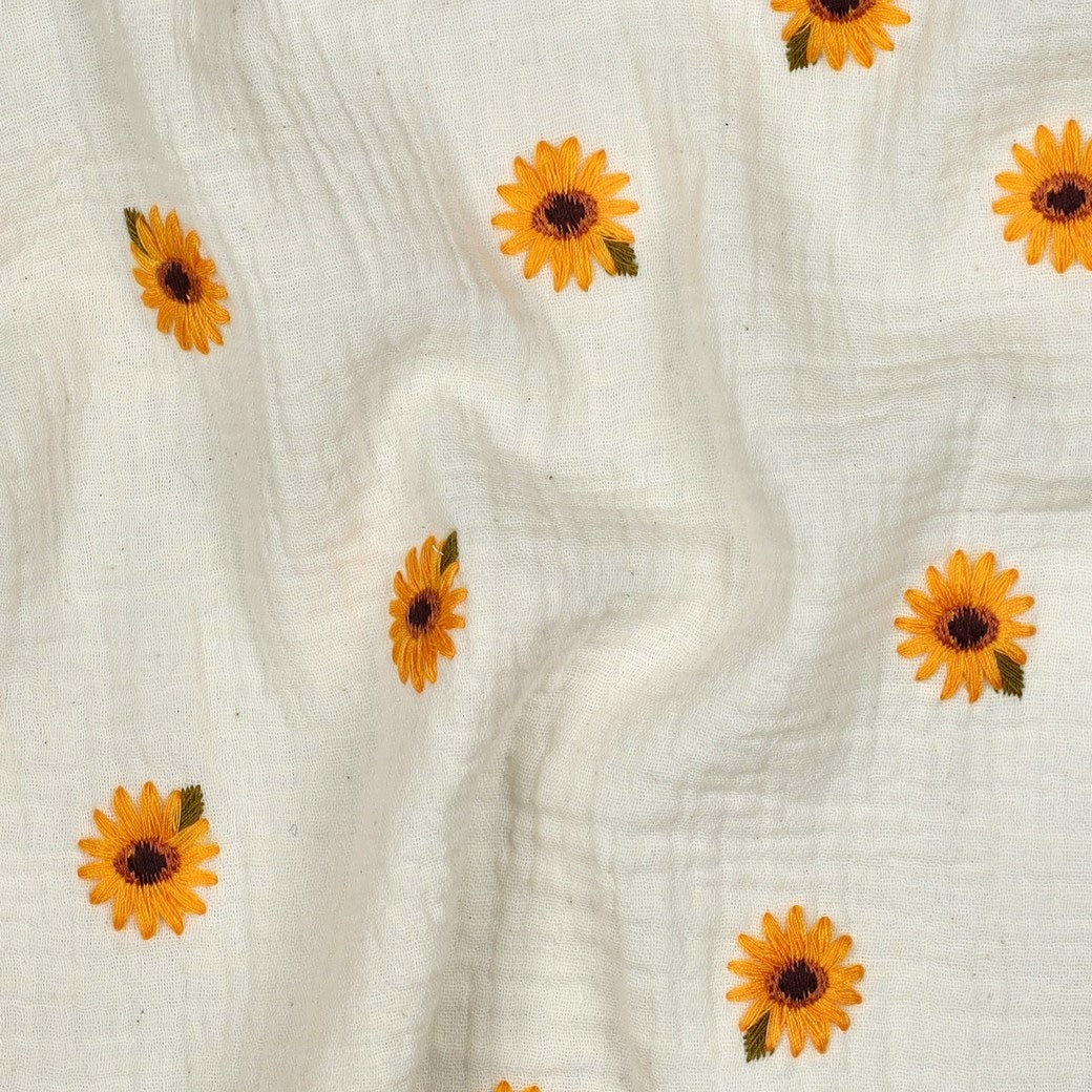 Adelle Embroidery 100% Cotton Double Gauze Muslin Fabric - Natural Sunflowers