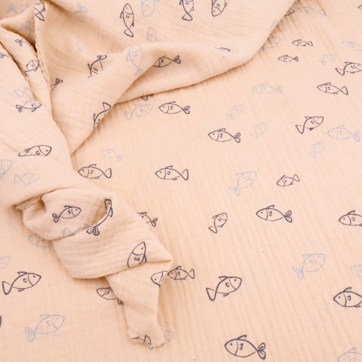 Adelle Printed 100% Cotton Double Gauze Muslin Dressmaking Fabric - Organic Natural Fish