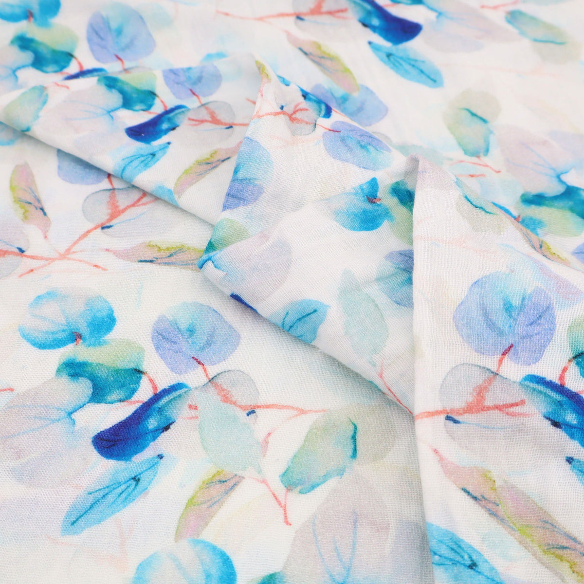 Adelle Printed 100% Cotton Double Gauze Muslin Dressmaking Fabric - Turquoise Leaves
