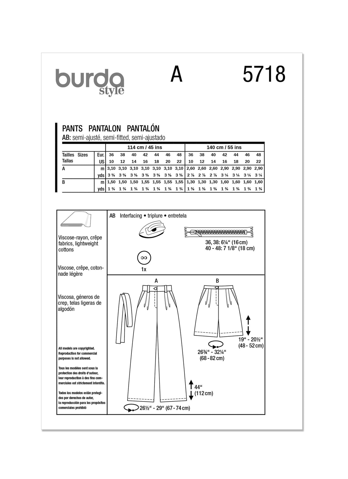 Burda Style Misses' Trousers Sewing Pattern B5718