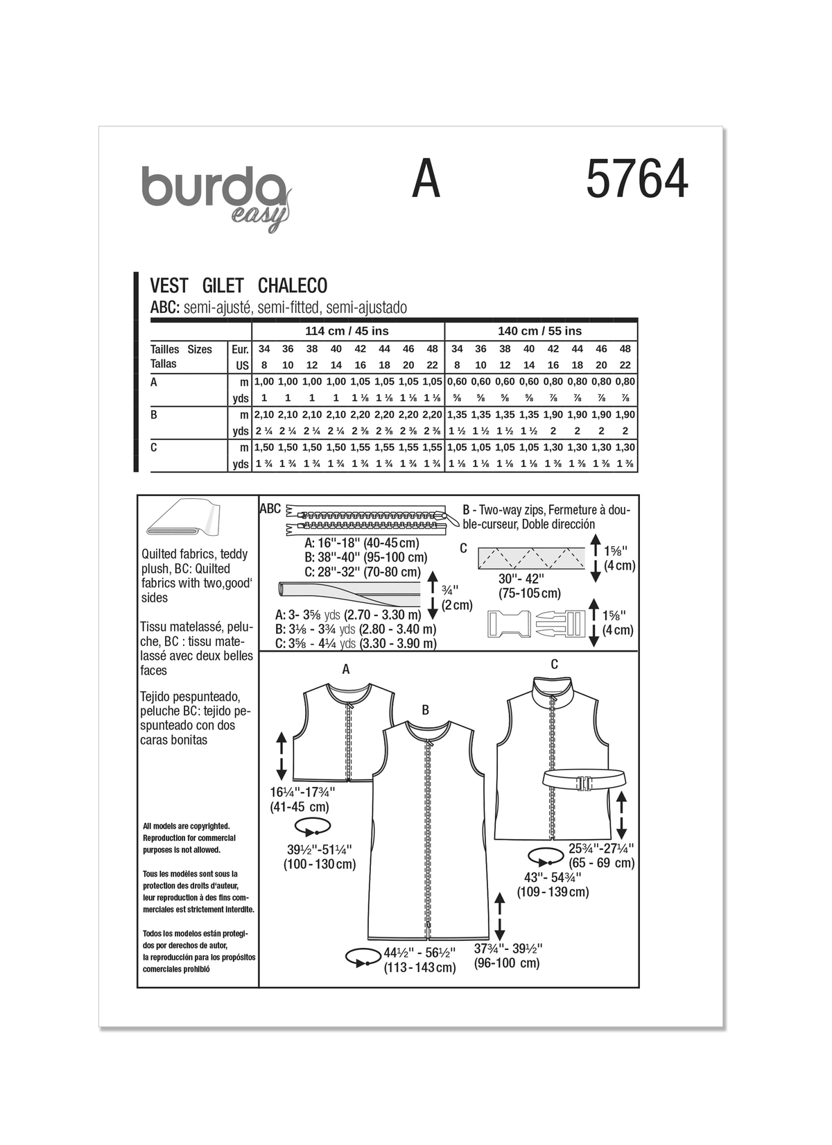 Burda Style Misses' Waistcoats and Vest Sewing Pattern B5764