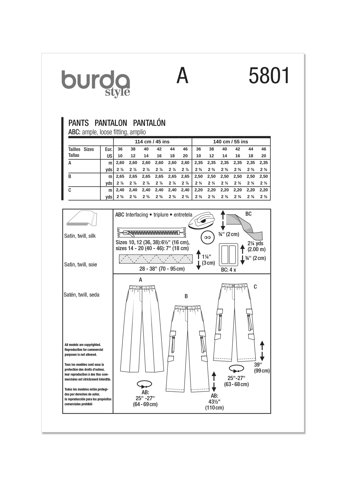 Burda Style Misses' Trouser Pants Sewing Pattern B5801