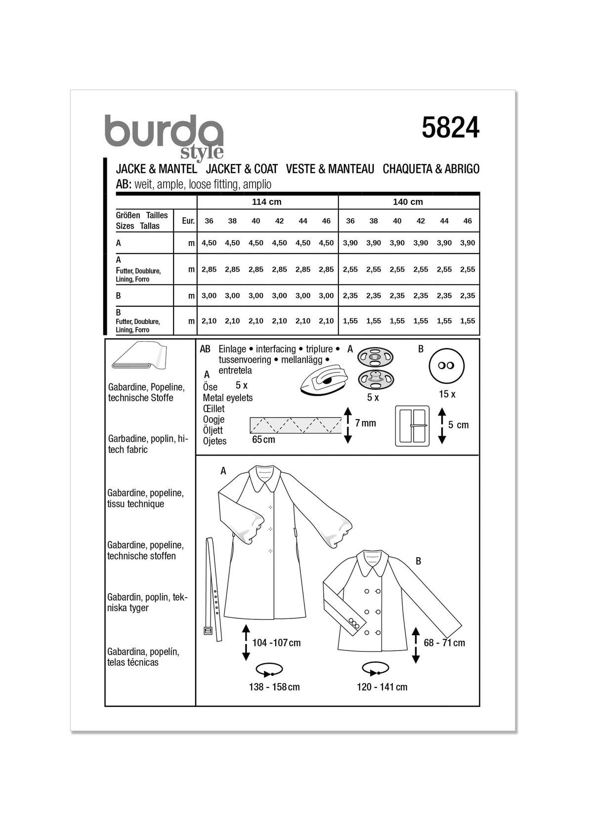 Burda Style Misses' Jacket & Coat Sewing Pattern B5824