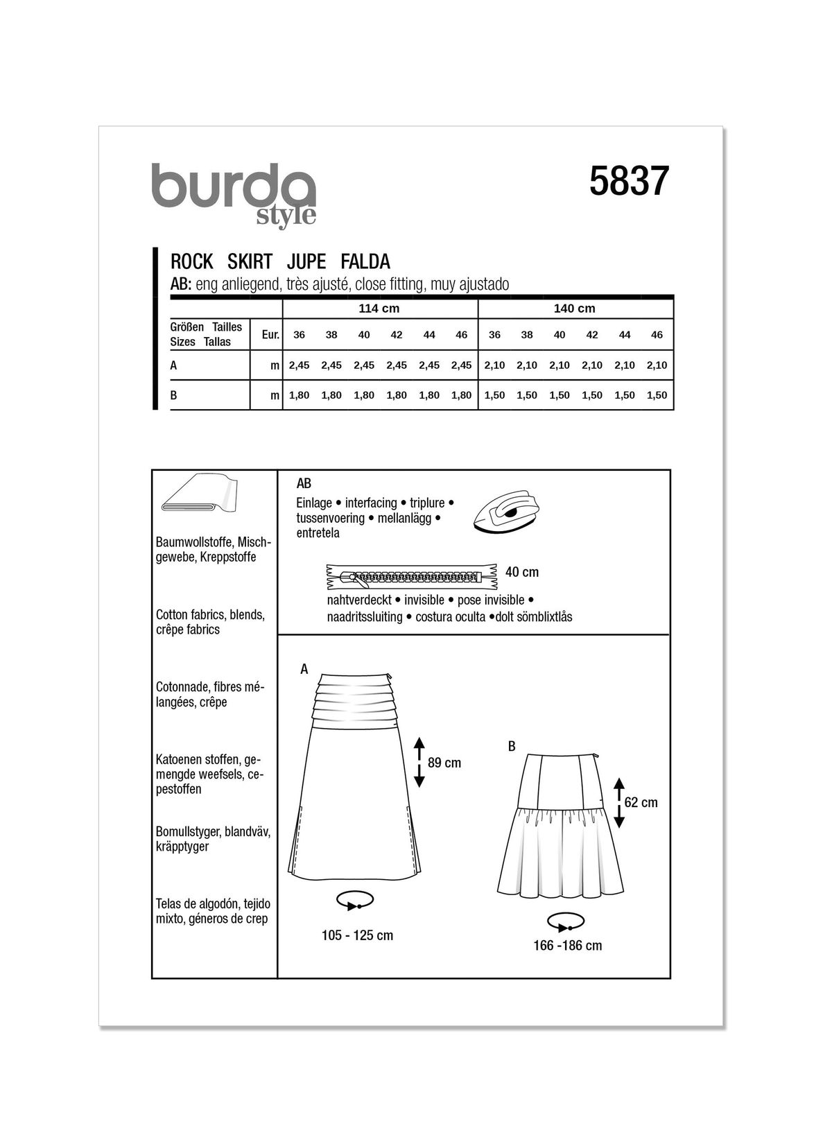 Burda Style Misses' Skirt Sewing Pattern for Fashionistas B5837
