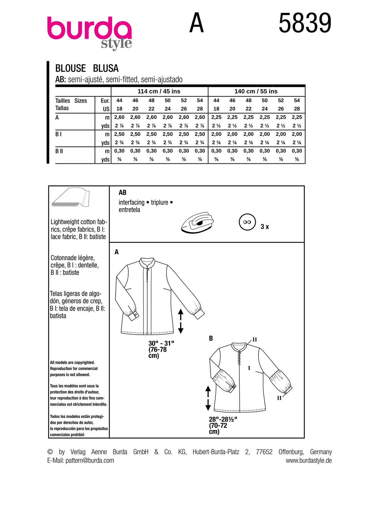 Burda Style Misses' Blouse Sewing Pattern for Fashionistas B5839