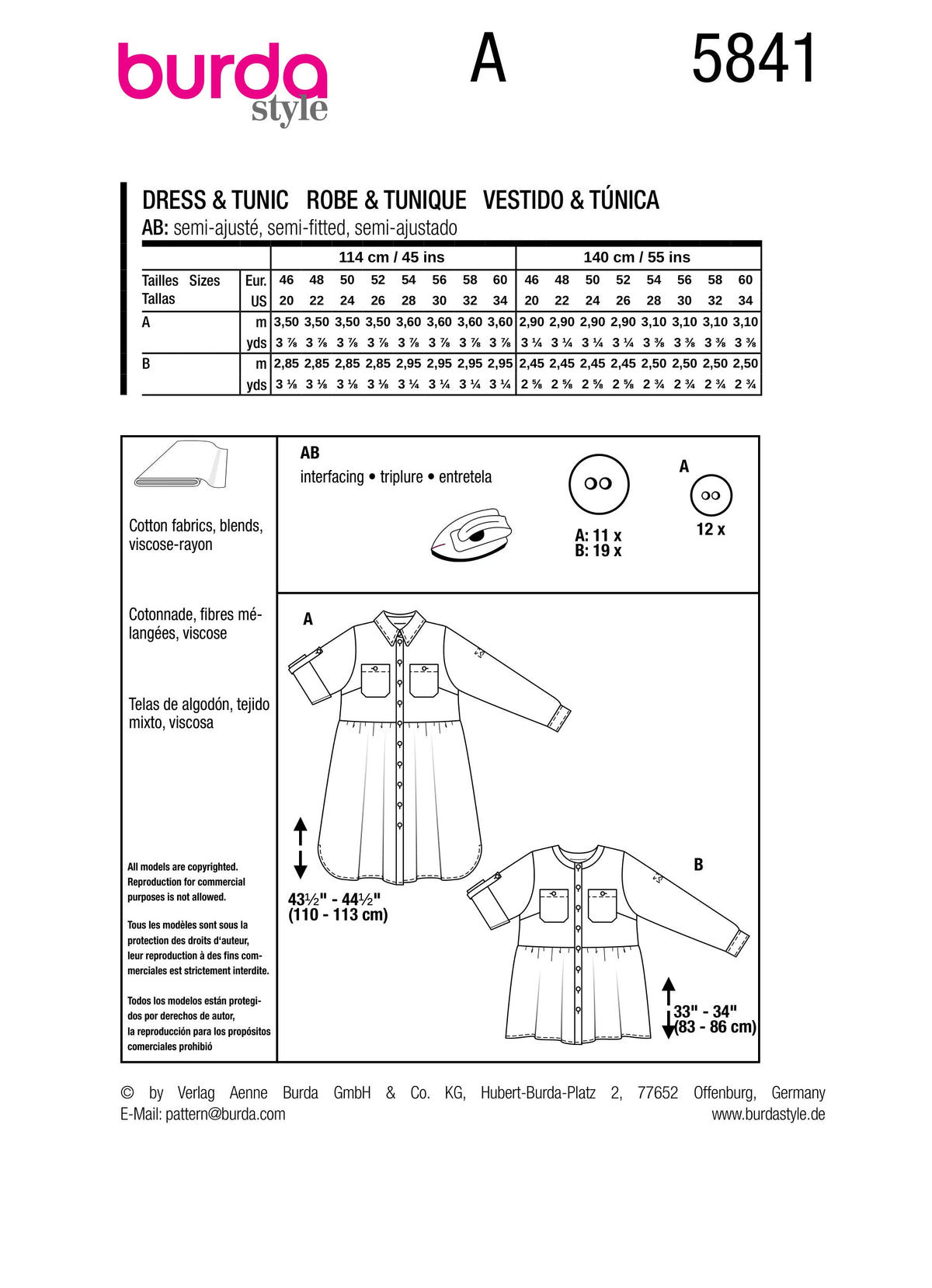 Burda Style Misses' Dress & Tunic Sewing Pattern B5841
