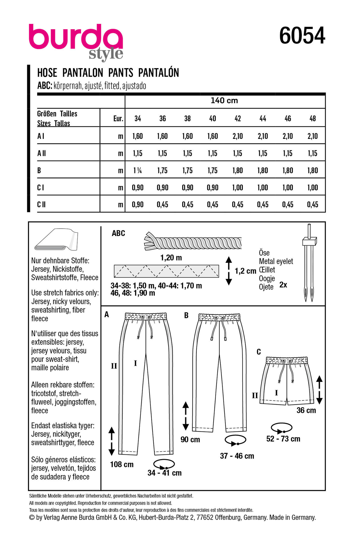 Burda Style Misses' Jogging Pants with Side Stripes Sewing Pattern B6054
