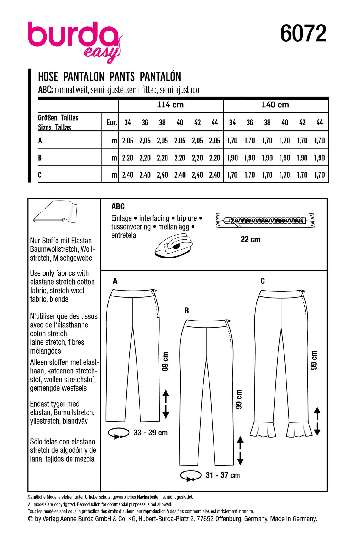Burda Style Misses' Trousers & Pants Sewing Pattern B6072
