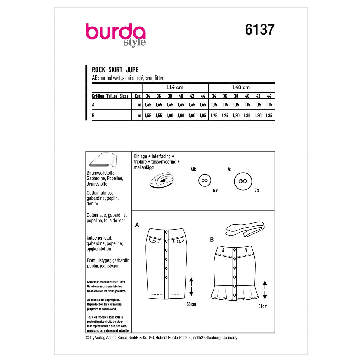 Burda Style Misses' Skirt Sewing Pattern for Fashionistas B6137
