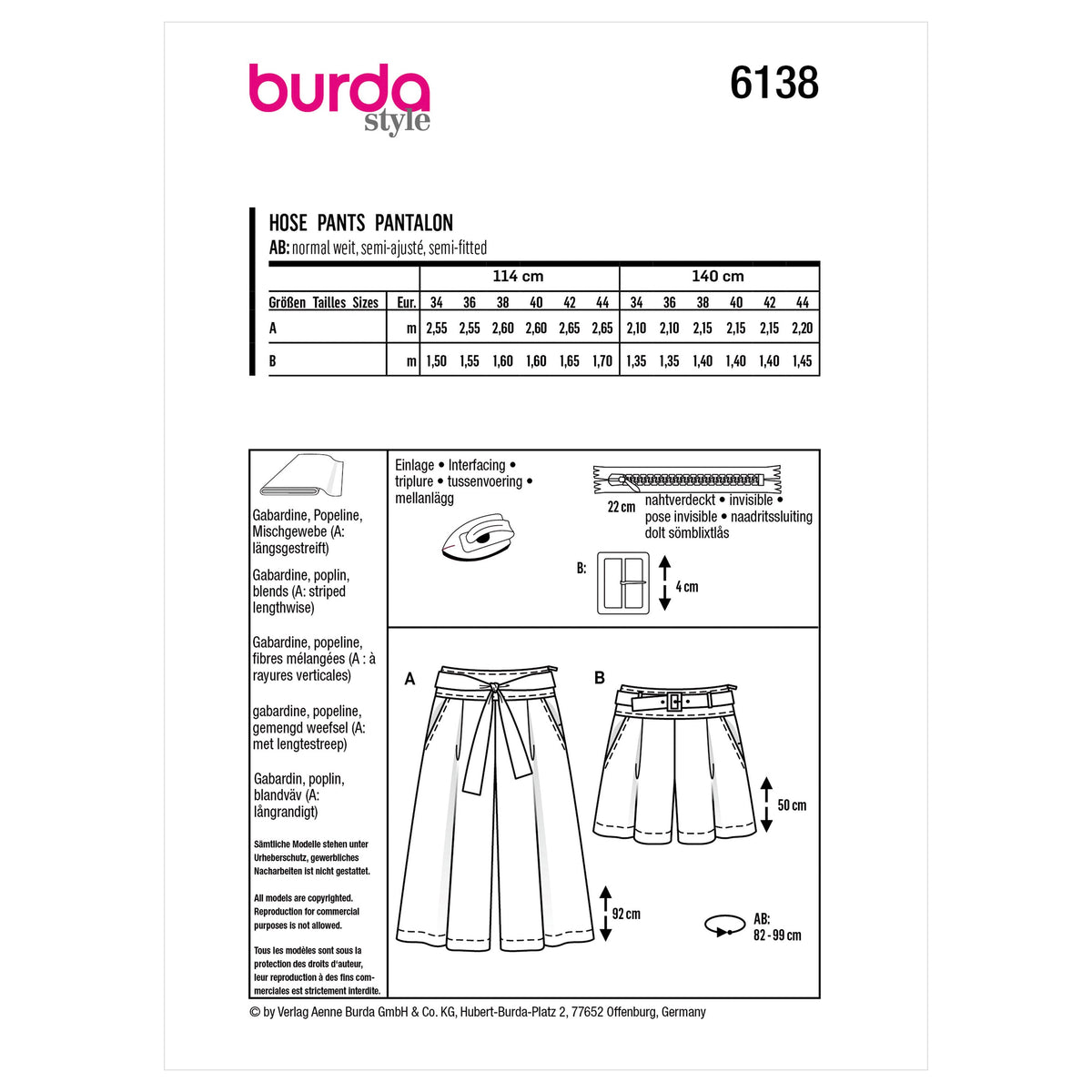 Burda Style Misses' Culottes, Trousers, Pants Sewing Pattern B6138