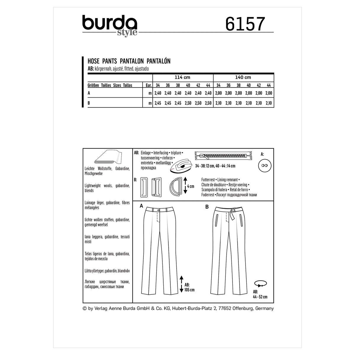 Burda Style Misses' Trousers with Shaped Waistband Sewing Pattern B6157