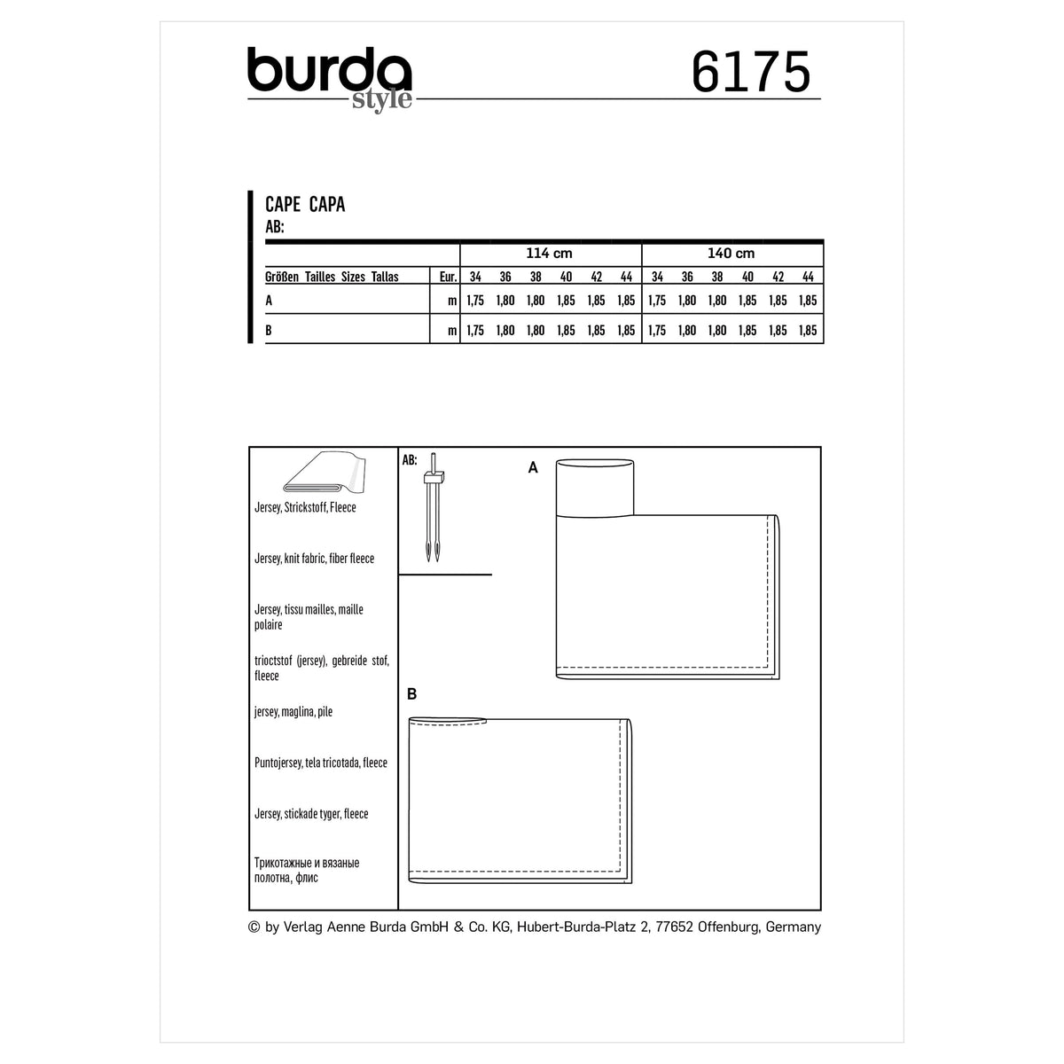 Burda Style Misses' Cape with Roll Neck Sewing Pattern B6175
