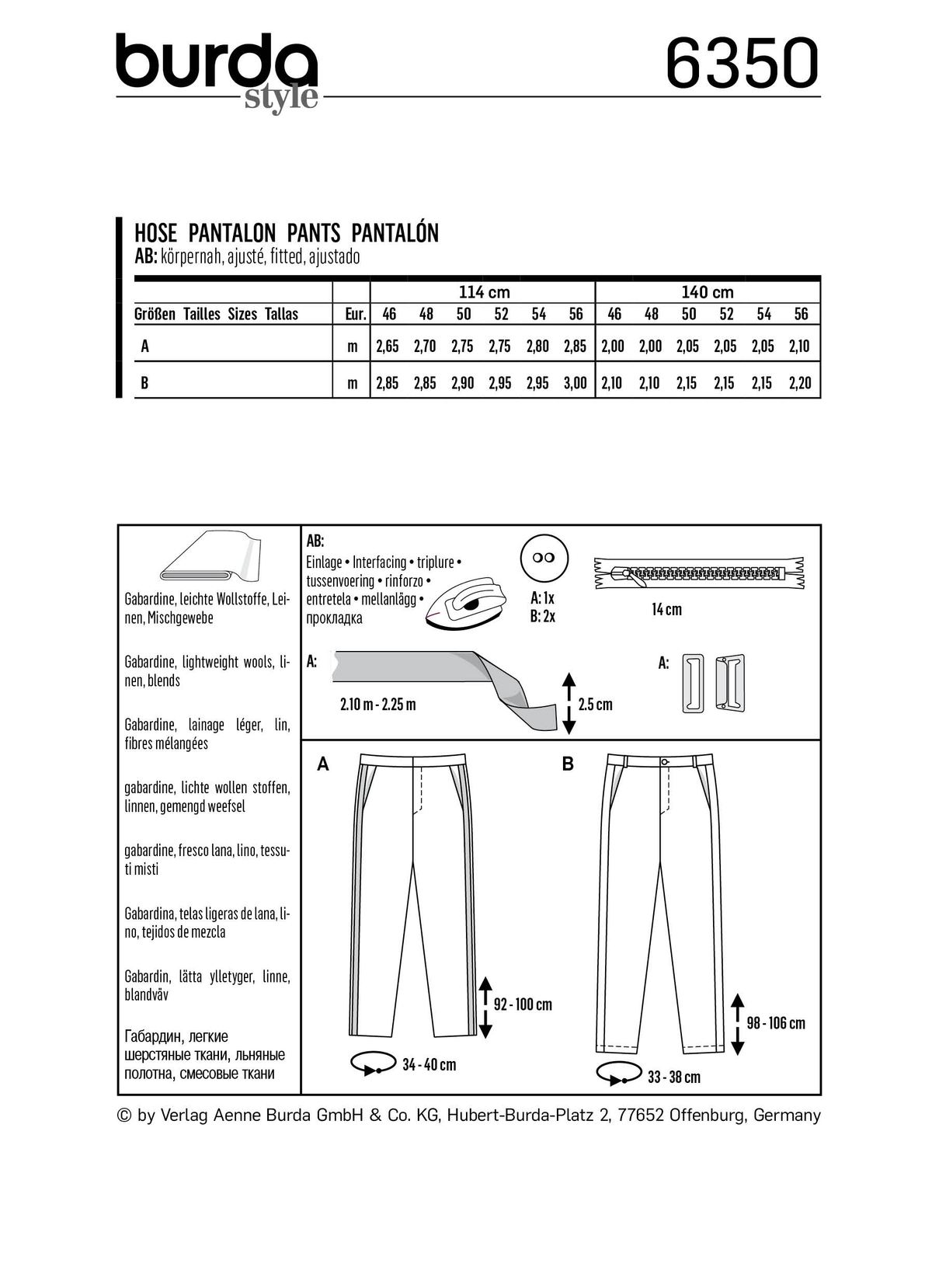 Burda Style Men's/Boy's Pant Sewing Pattern for Stylish Creations B6350