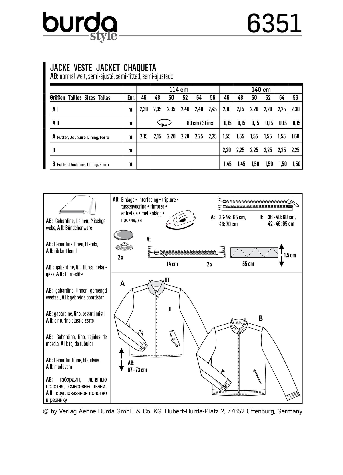 Burda Style Men's/Boy's Jacket Sewing Pattern for Stylish Creations B6351
