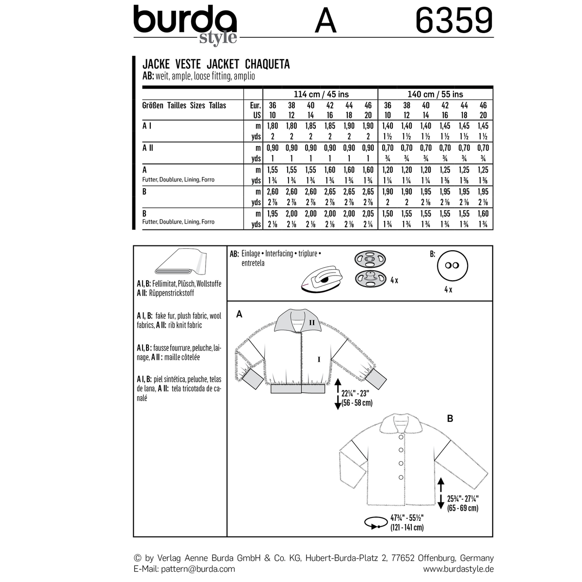 Burda Style Misses Jacket Coat Sewing Pattern for Stylish Creations B6359