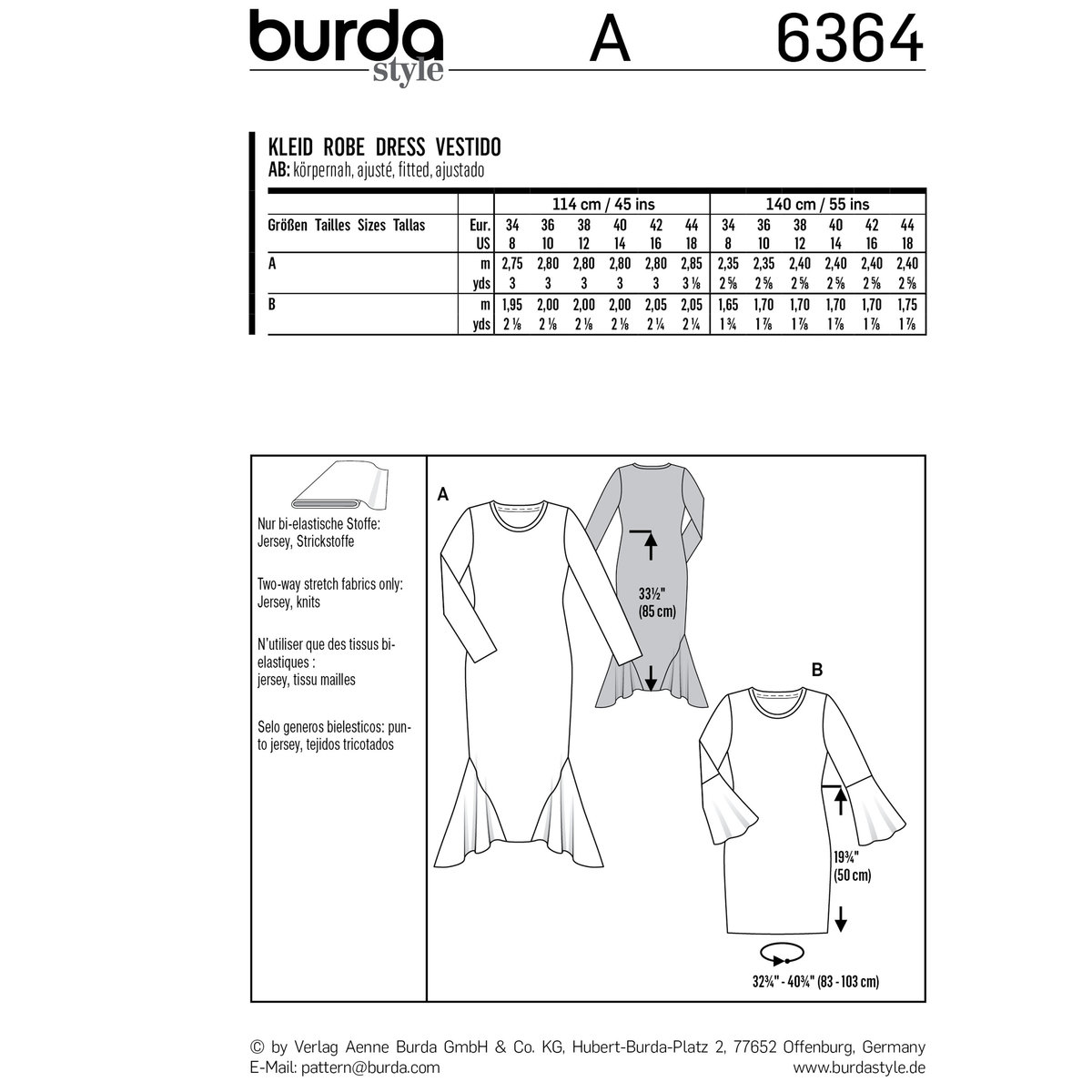 Burda Style Misses Dress Sewing Pattern for Stylish Creations B6364