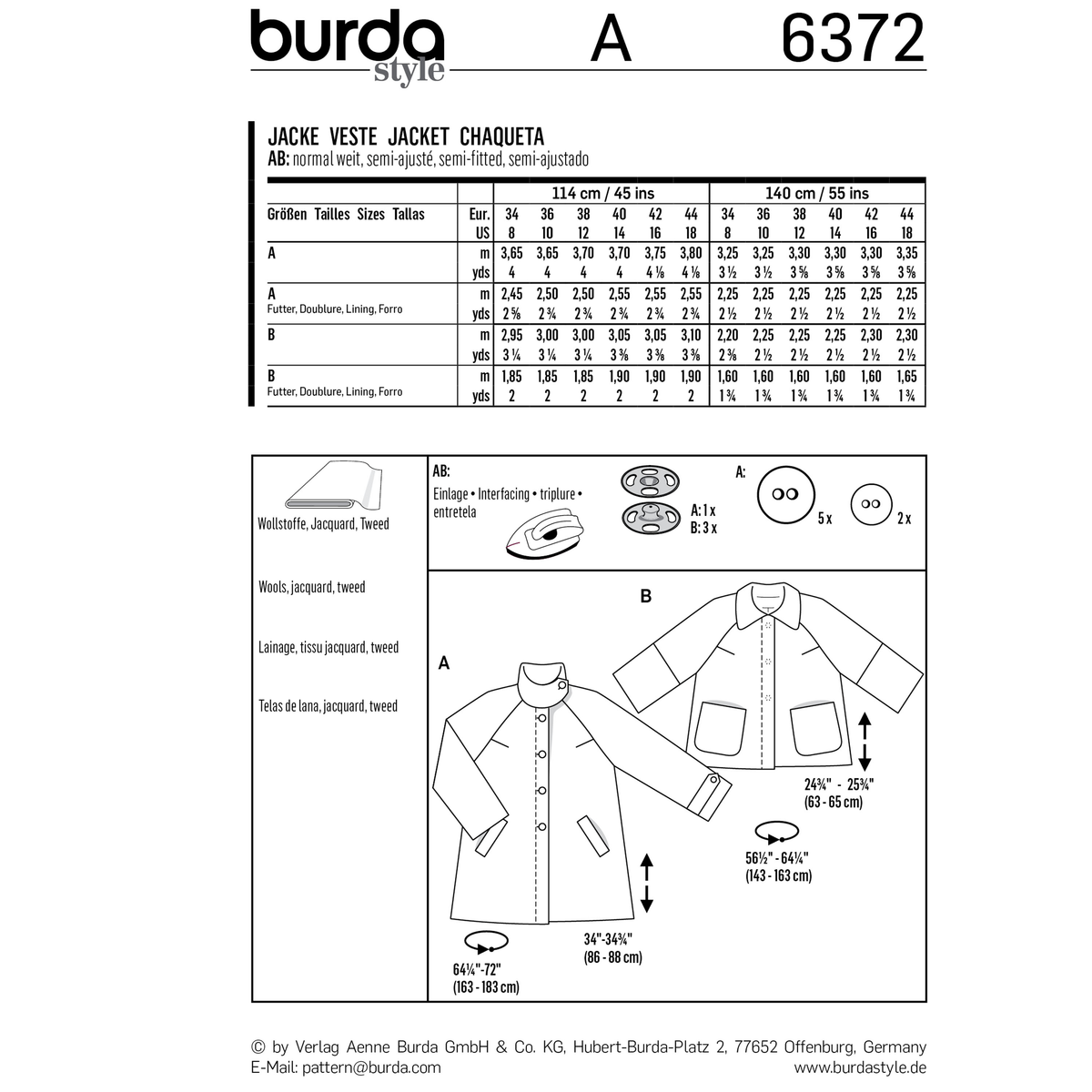 Burda Style Misses Jacket Coat Sewing Pattern for Stylish Creations B6372