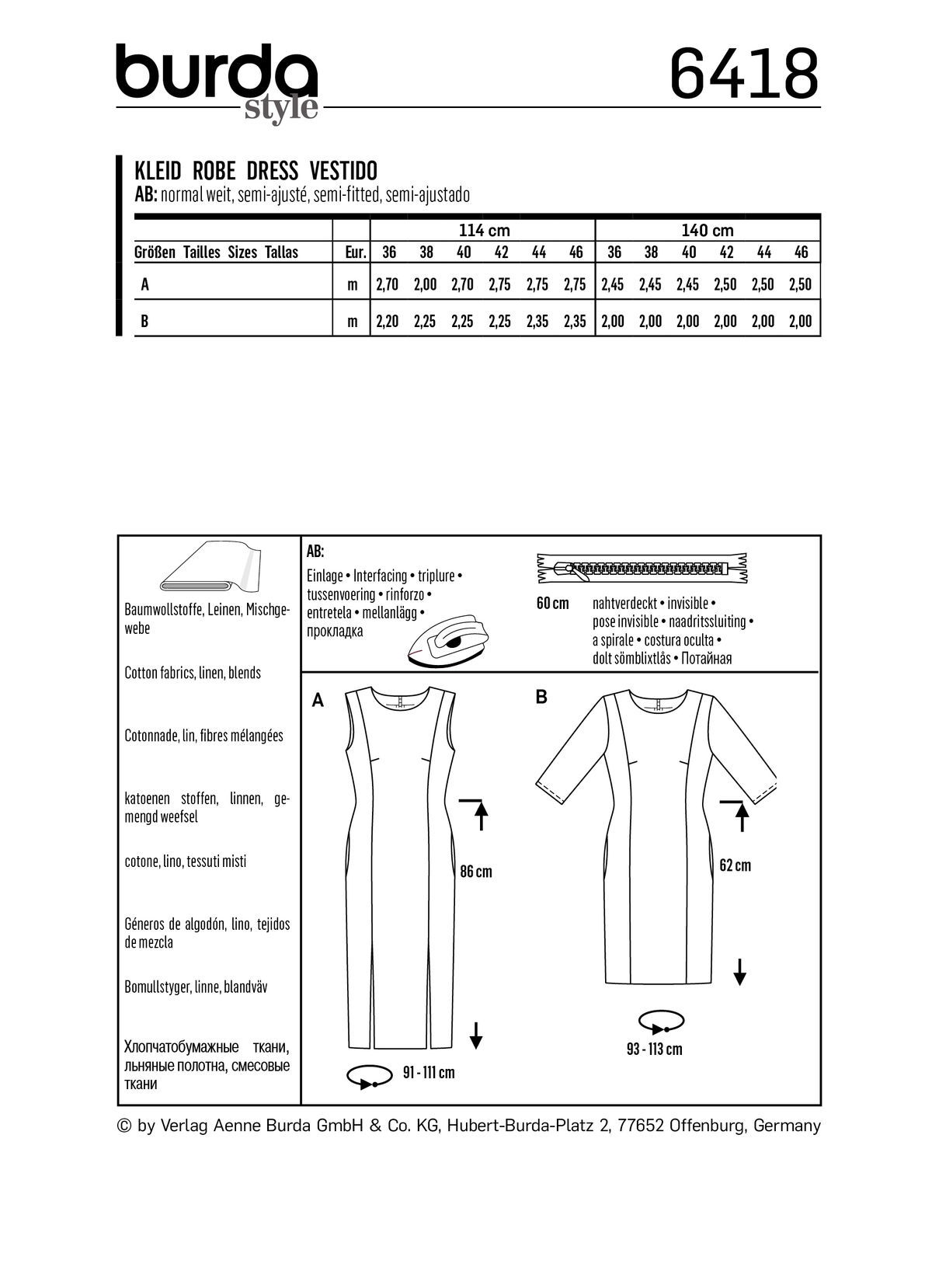 Burda Style Miss Dress Sewing Pattern for Stylish Creations B6418