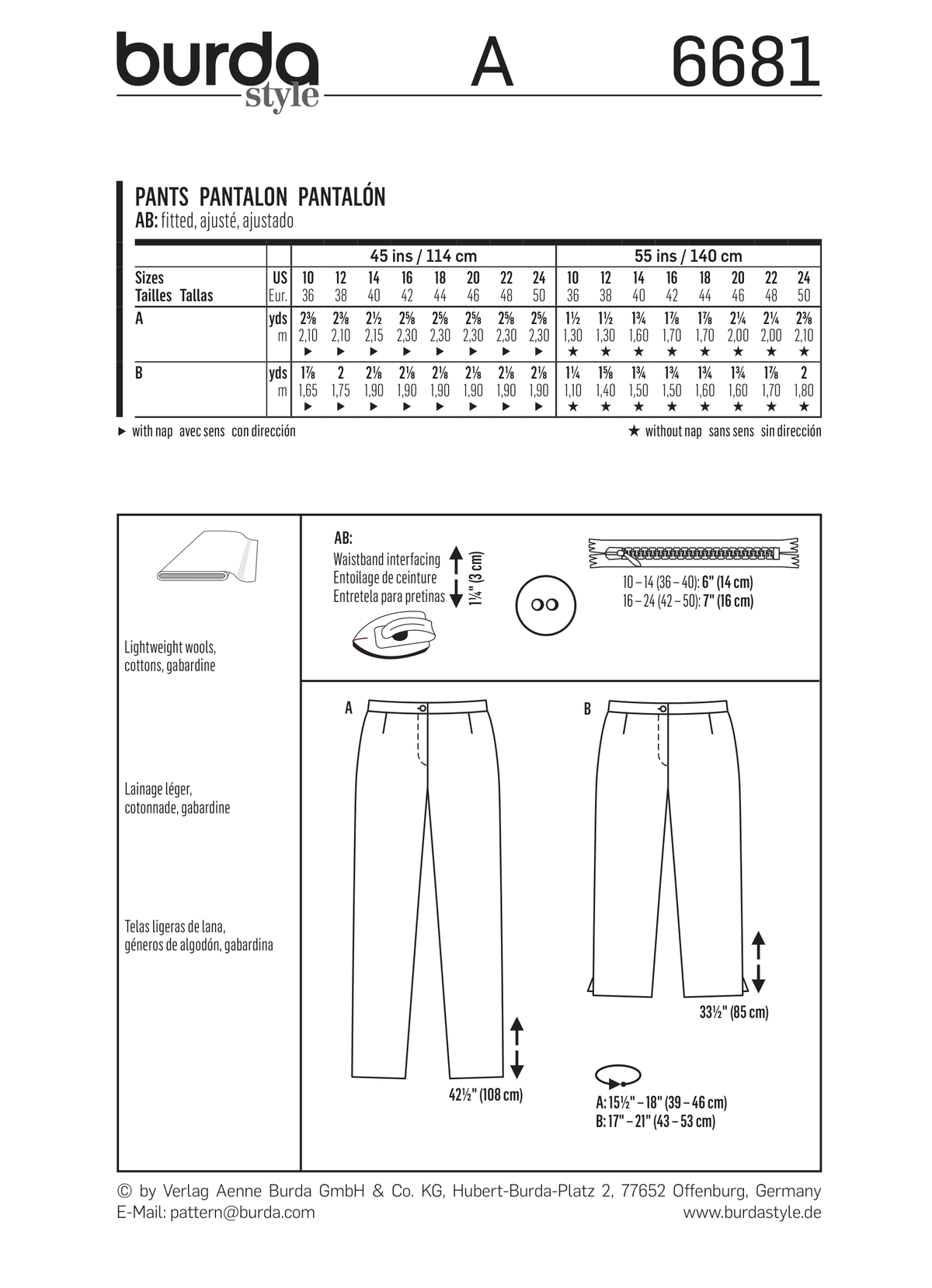 Burda Style Miss Pants Sewing Pattern for Stylish Creations B6681