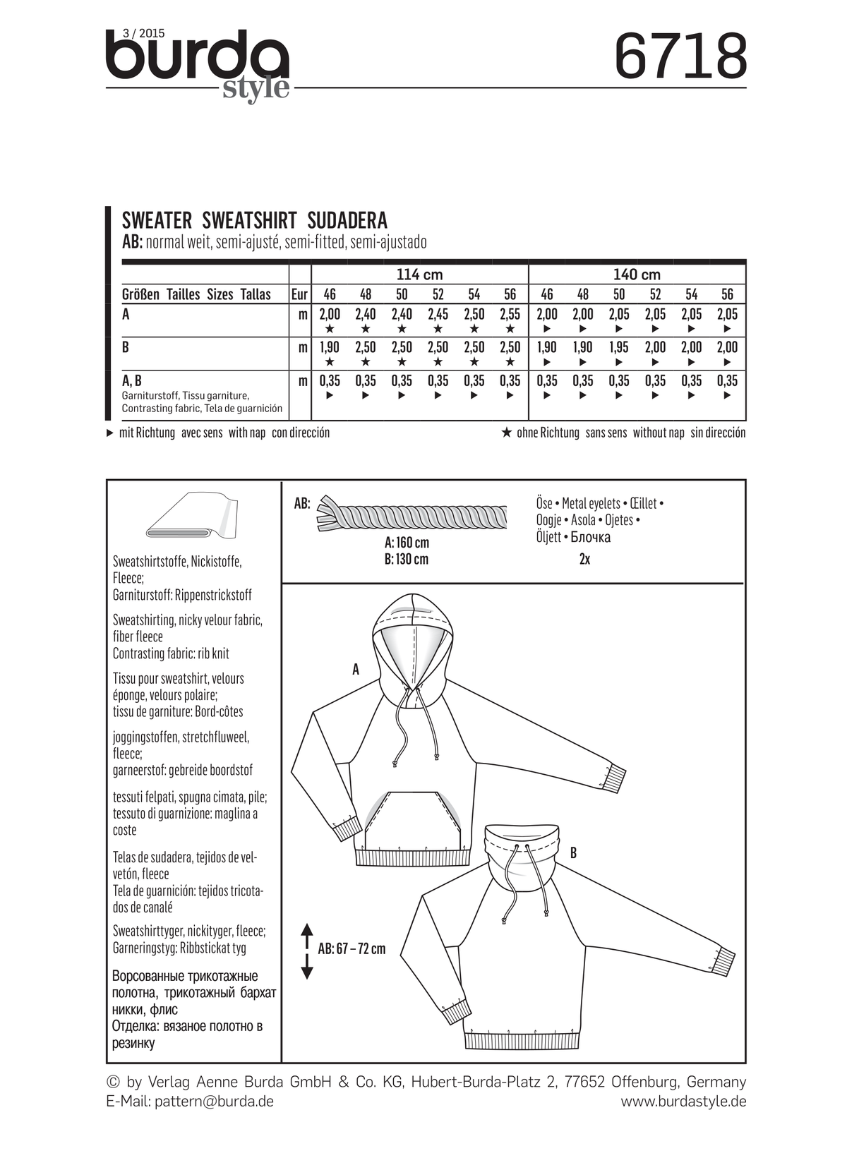 Burda Style Men's Sweatshirt Sewing Pattern for Stylish Creations B6718