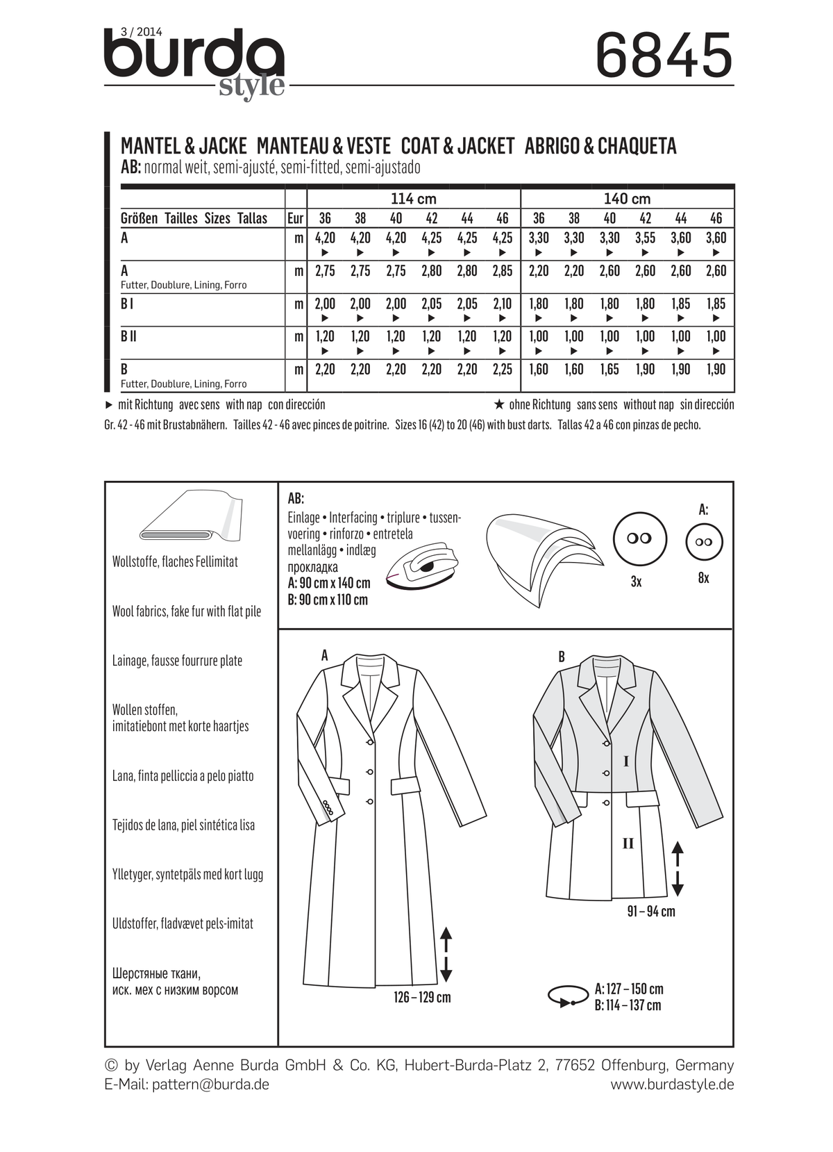 Burda Style Jacket/Coat Misses Sewing Pattern for Stylish Creations B6845