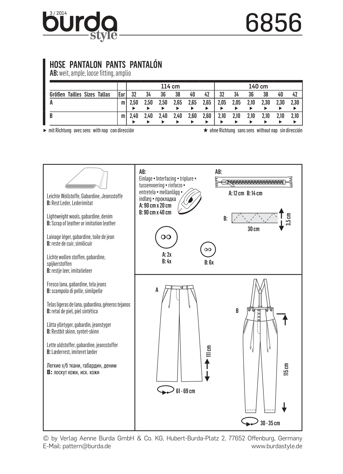 Burda Style Skirt/Pants Misses Sewing Pattern for Stylish Creations B6856