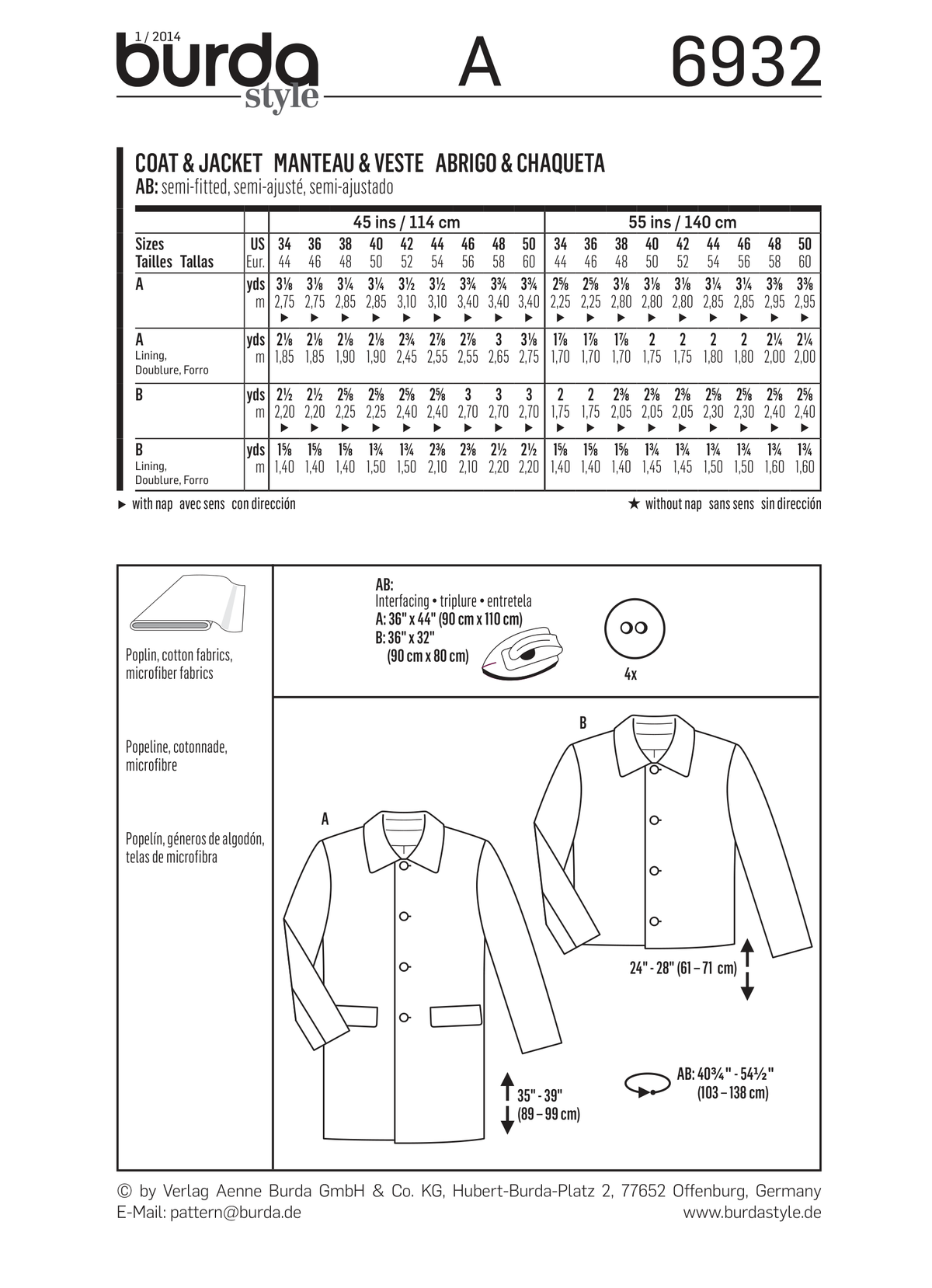 Burda Style Menswear Sewing Pattern for Stylish Creations B6932