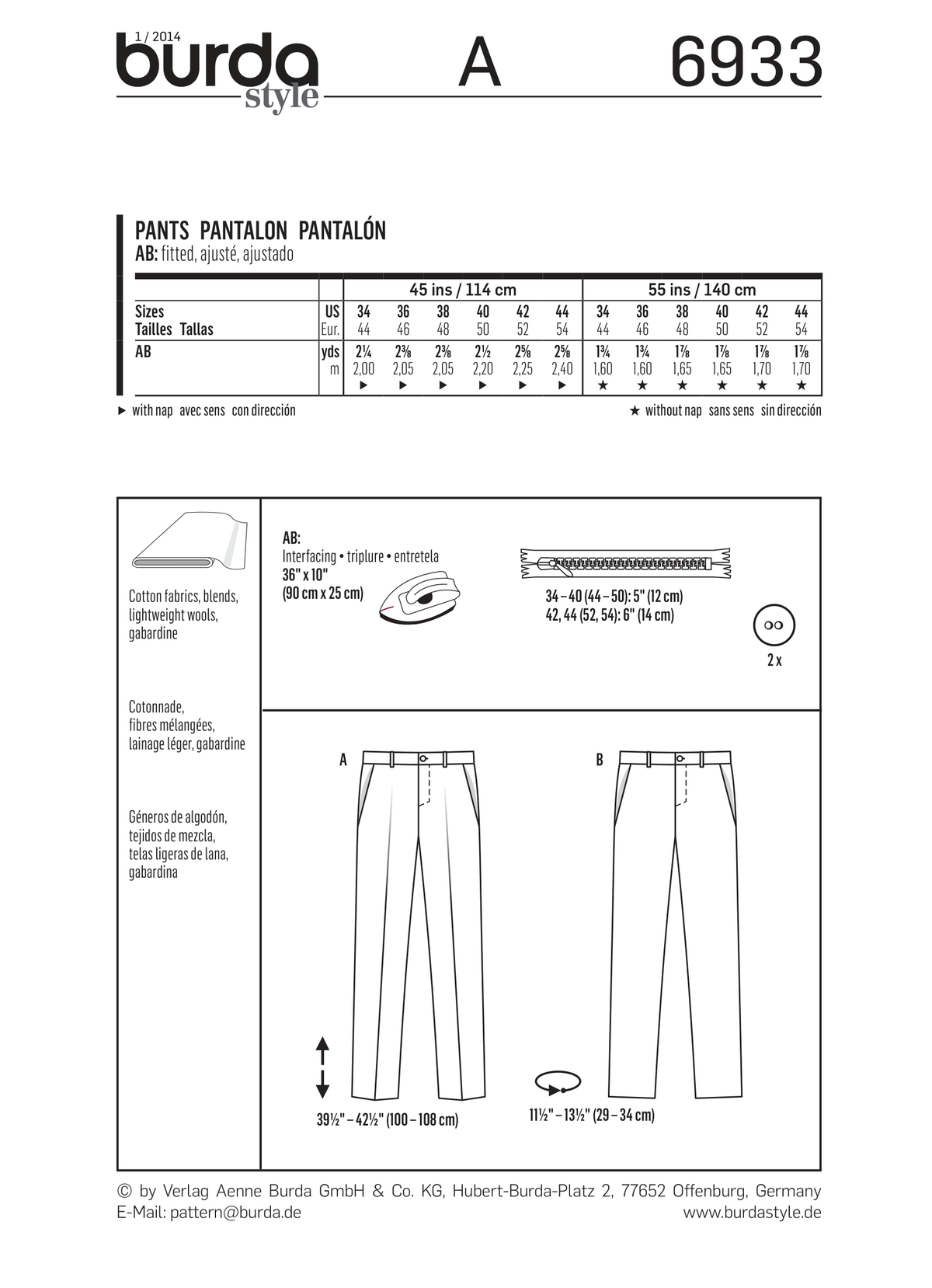 Burda Style Menswear Sewing Pattern for Stylish Creations B6933