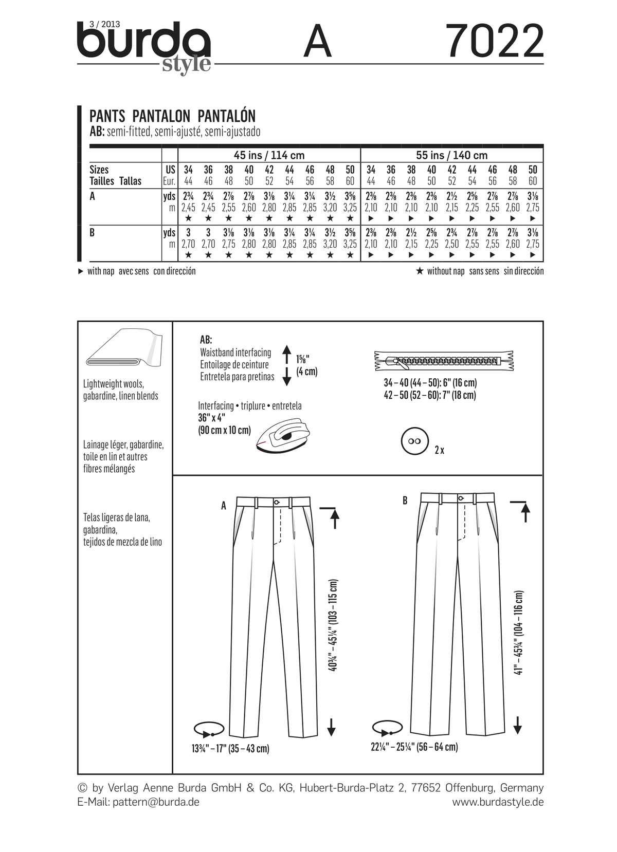 Burda Style Stylish Pant Sewing Pattern for Fashion Enthusiasts B7022