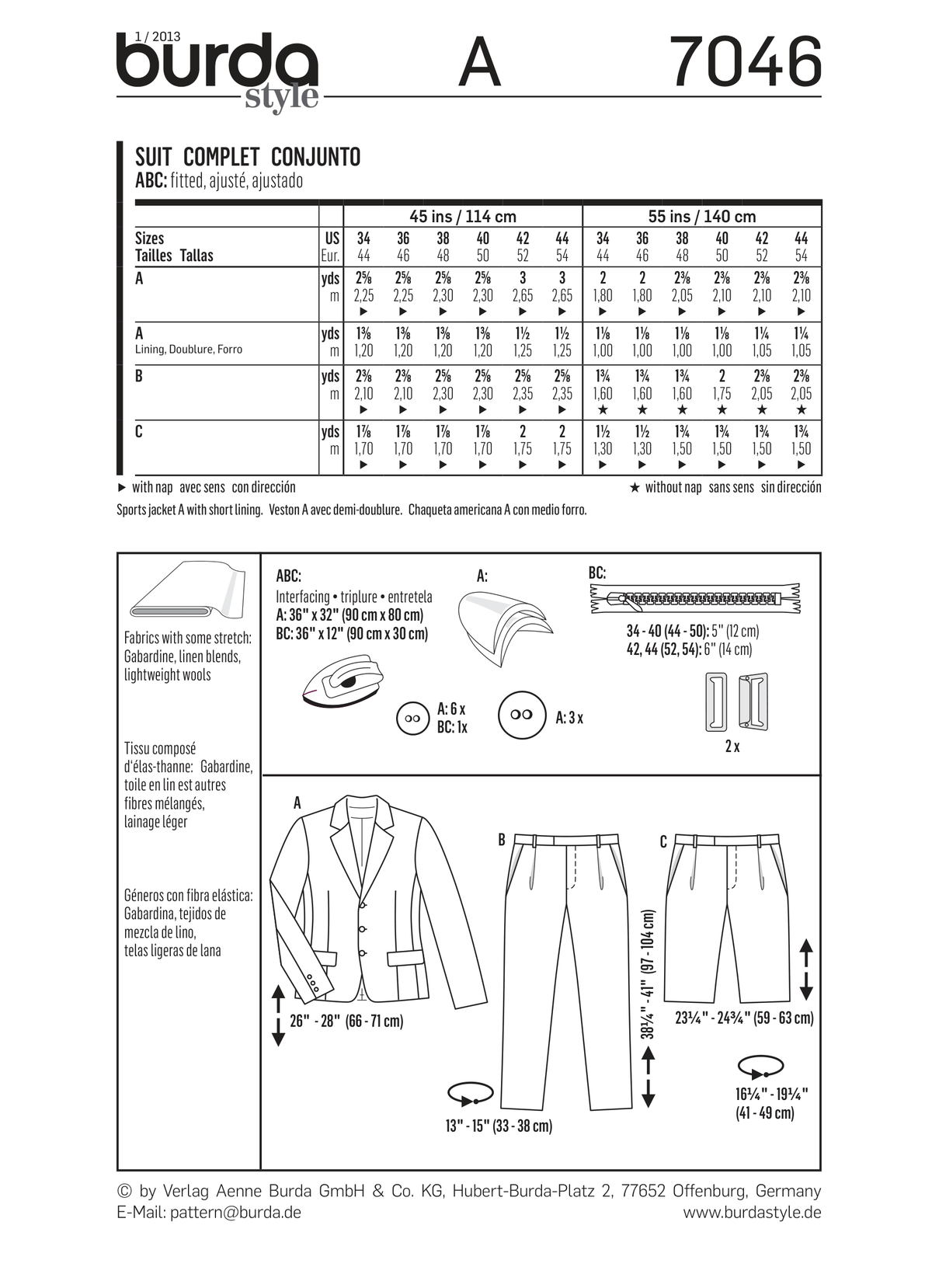 Burda Style Stylish Suit Sewing Pattern for Elegant Creations B7046