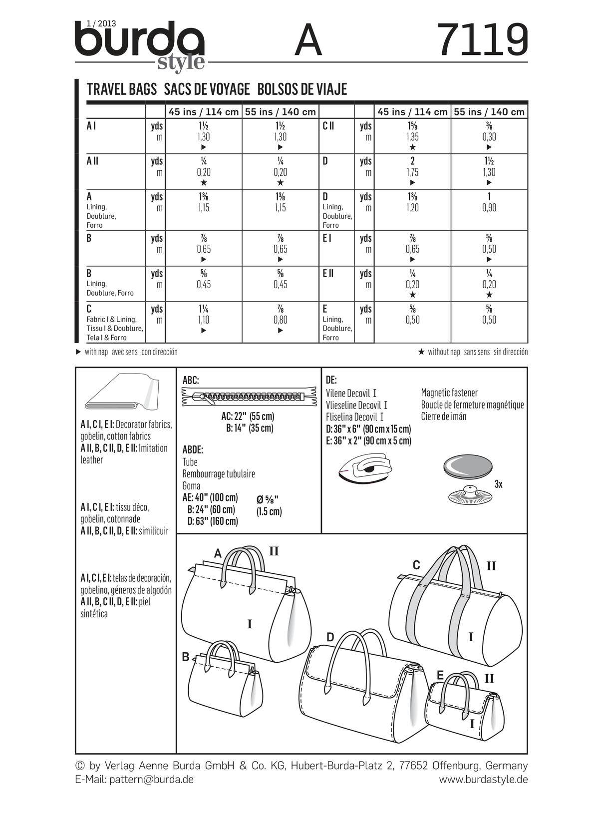 Burda Style Travel Bags Sewing Pattern for Stylish Creations B7119