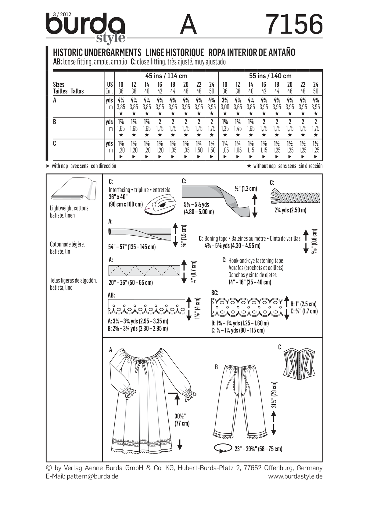 Burda Style Historic Undergarments Sewing Pattern for Vintage Style B7156