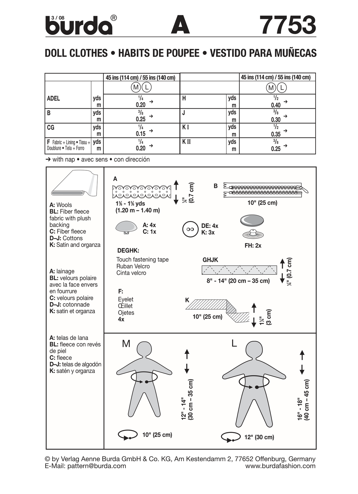 Burda Style Doll Clothes Sewing Pattern for Creative Projects B7753