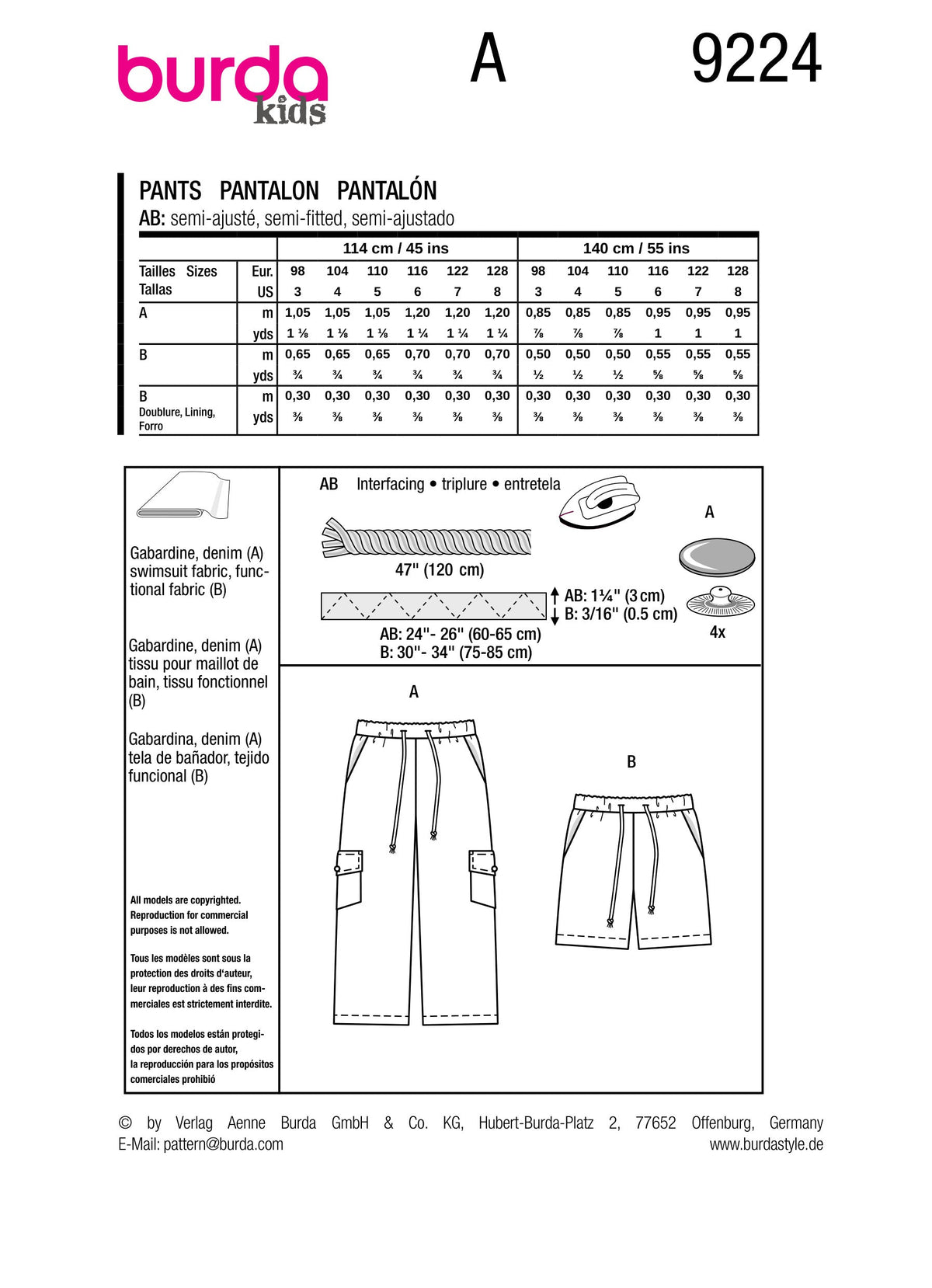 Burda Style Children's Pants Sewing Pattern for Fashionable Kids B9224