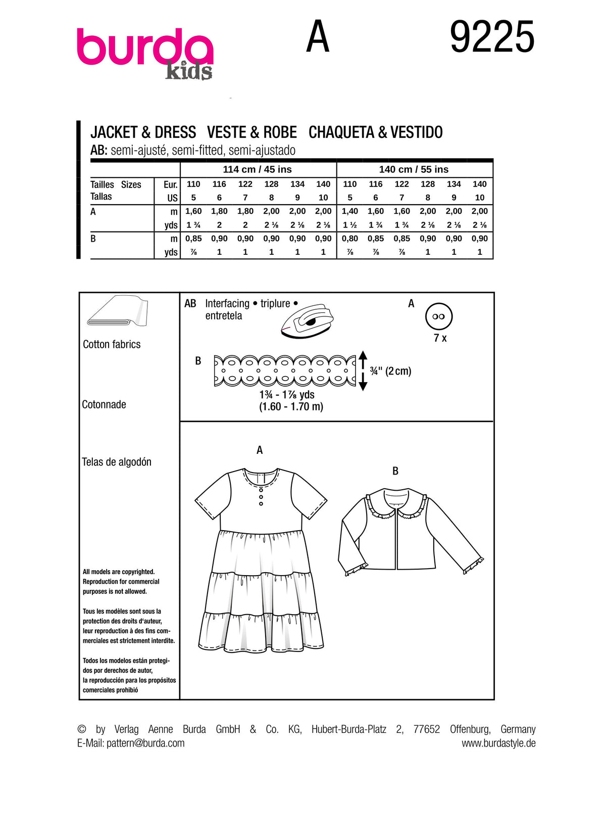 Burda Style Children's Jacket & Dress Sewing Pattern B9225