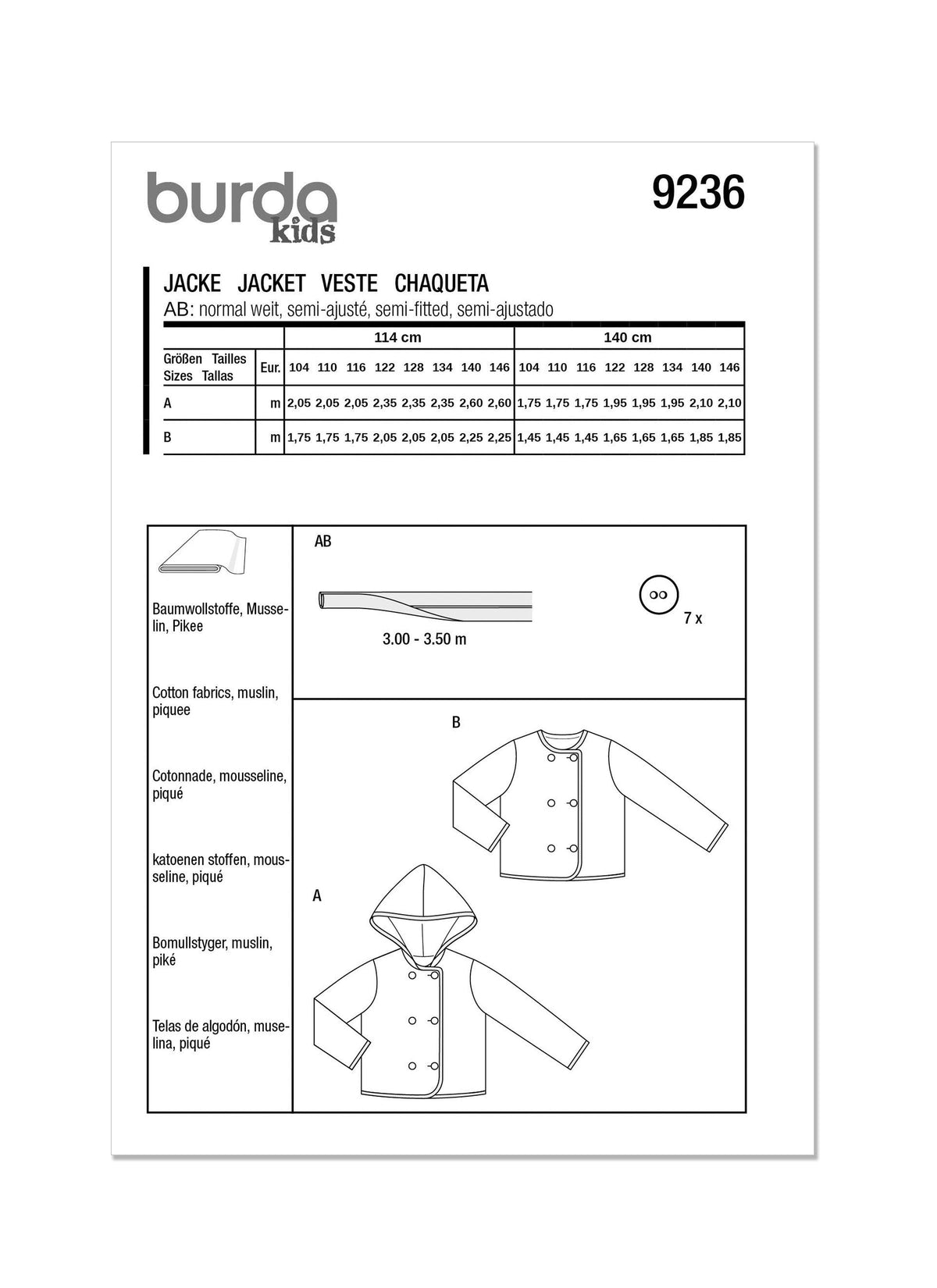 Burda Style Children's Jacket Sewing Pattern for Kids B9236