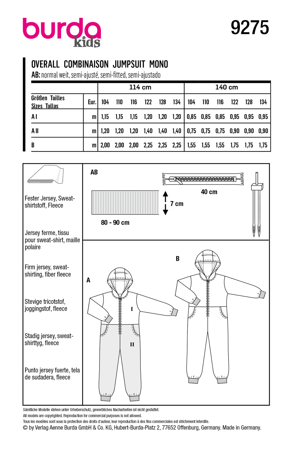 Burda Style Children's Hooded Jumpsuit and Onesie Sewing Pattern B9275
