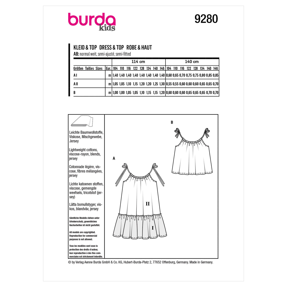 Burda Style Children's Top and Dress Sewing Pattern B9280
