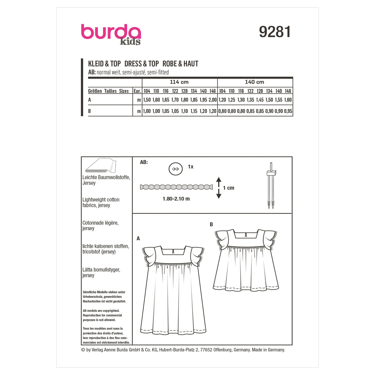 Burda Style Children's Top and Dress Sewing Pattern B9281