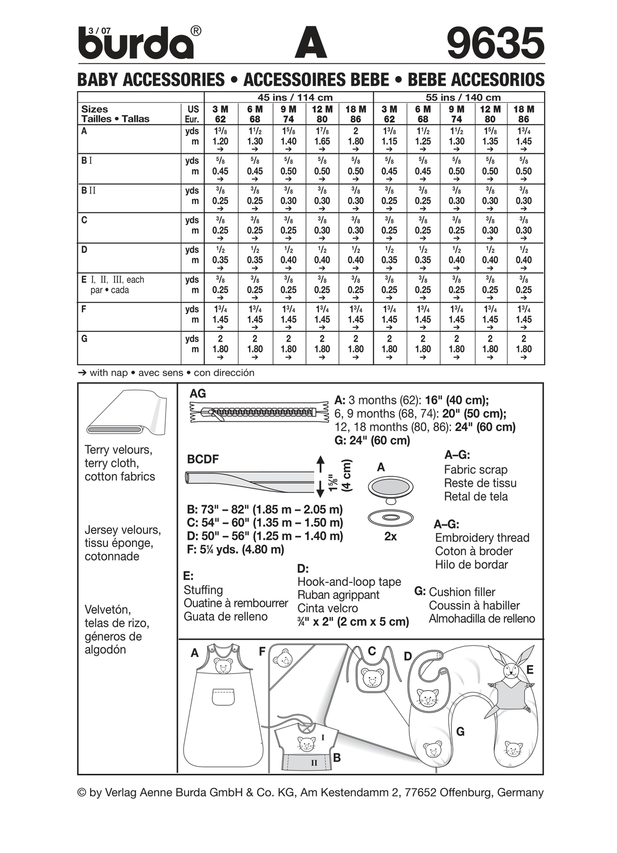 Burda Style Baby Accessories Sewing Pattern for Creative Projects B9635
