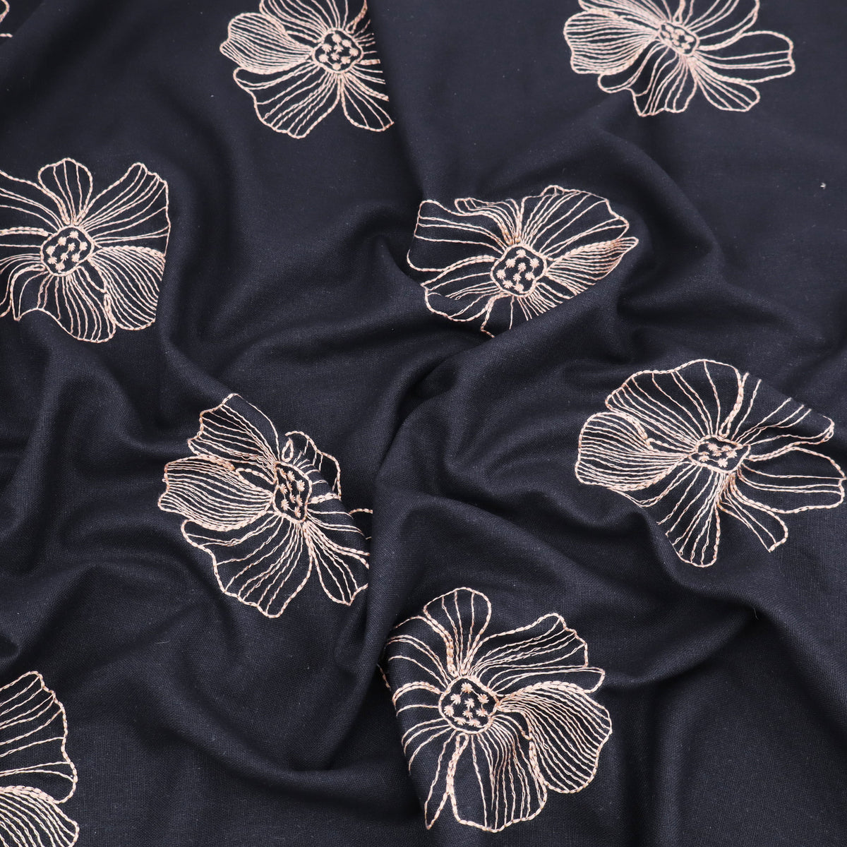 Barbara Embroidery Viscose Linen Dressmaking Fabric - Gold Flowers