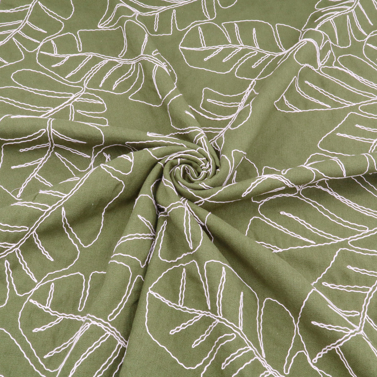 Barbara Embroidery Viscose Linen Dressmaking Fabric - Olive Leaves