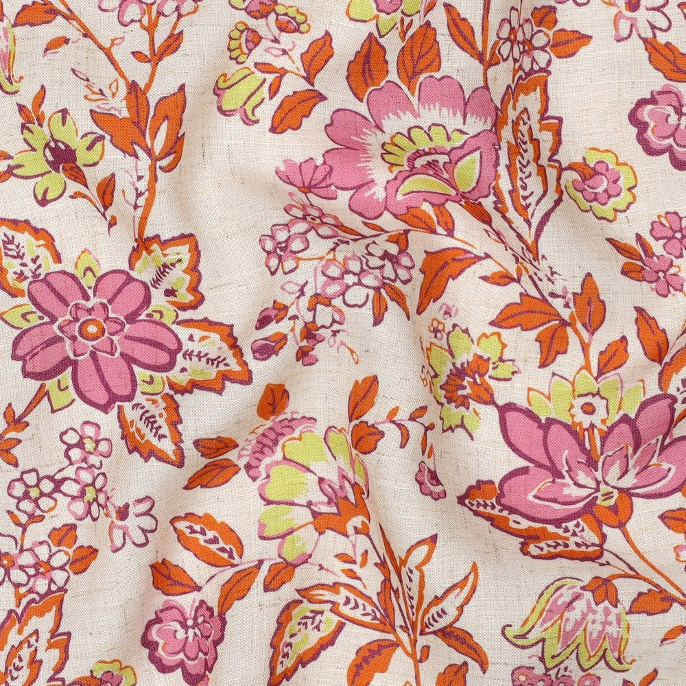 Barbara Viscose Linen Dressmaking Fabric - Orange & Pink Flowers