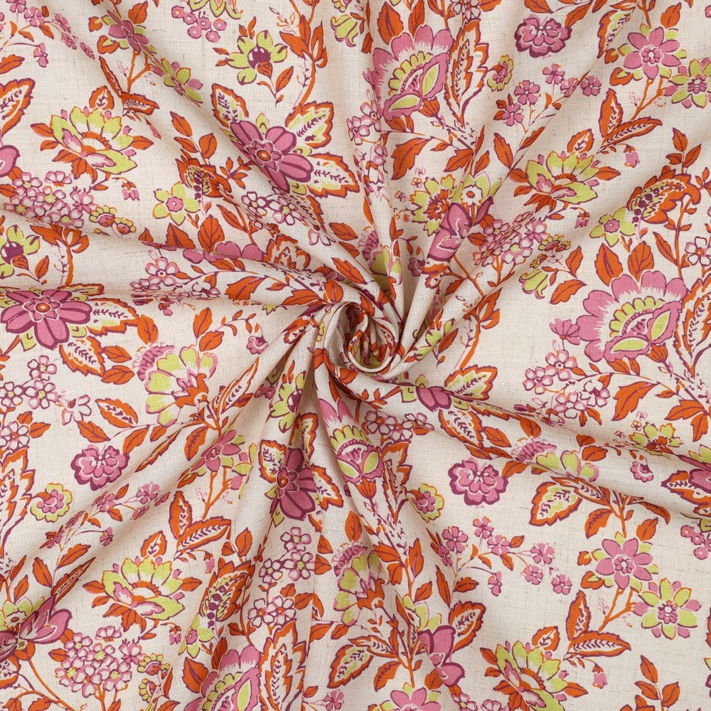 Barbara Viscose Linen Dressmaking Fabric - Orange & Pink Flowers